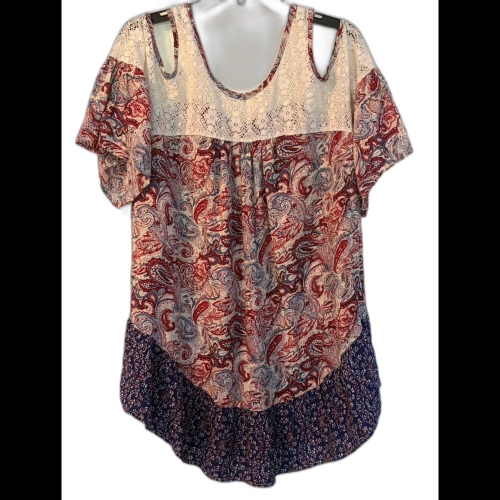 Umgee USA Women's Paisley Lace Cold Shoulder Top Size L, Multicolor